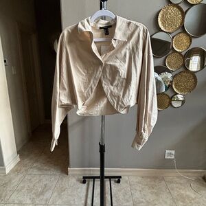 Forever 21 Cream Long Sleeve Crop Button Down Shirt